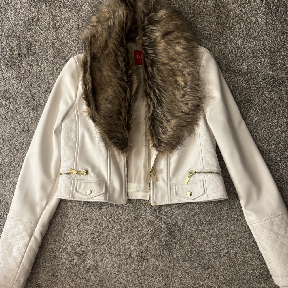 Guess White Leather Jacket with Brown Faux Fur Collar